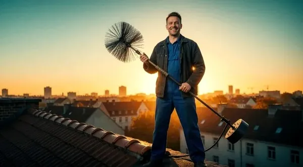 Chimney technician on a rooftop in the Piedmont at dusk
