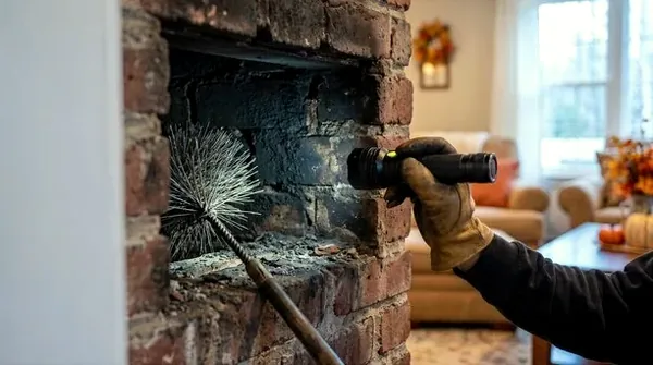 Checking a damp firebox with a flashlight in a High Point home