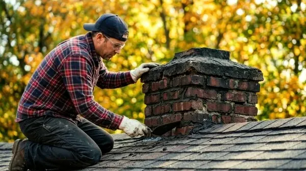 Mason repairing an ice-damaged chimney crown in High Point